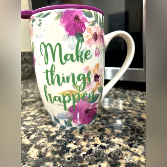 Ceramic Coffe Mug w Thermal Travel Lid- Floral Quote Make Things Happen - Picture 2 of 6